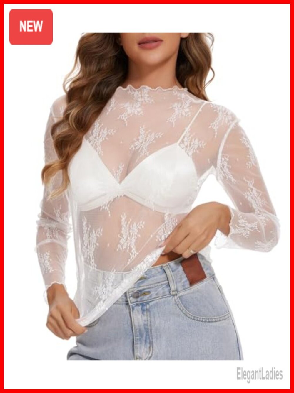 Lace Mesh Long Sleeve Top Sheer Floral Embroidered Mock Neck Blouse